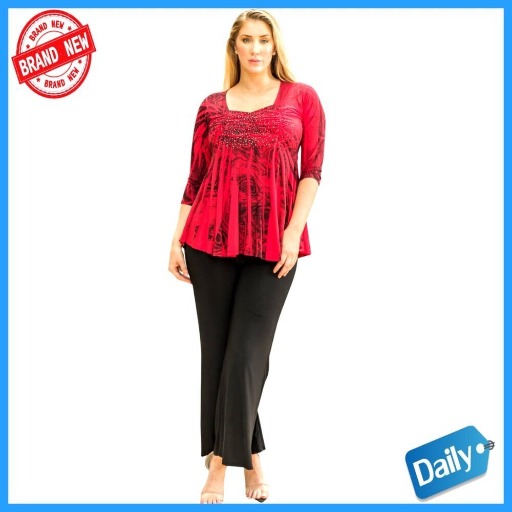 Plus Size 3/4 Sleeve Tunic Dress Sweetheart Neckline Rhinestone Top